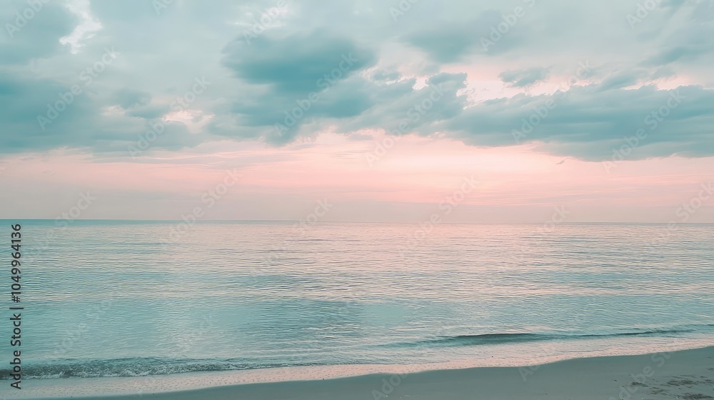 Fototapeta premium A calm beach scene at dawn, with muted pastel colors of light blue, gray, and soft pink reflecting in the water under a cloudy sky
