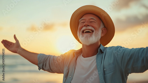 joyful elderly man with beard and straw hat stands on beach, arms outstretched, embracing sunset. His expression radiates happiness and freedom.