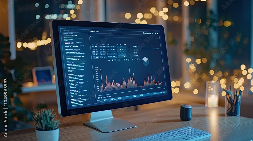 Modern Computer Display with Metrics and Data Visualization