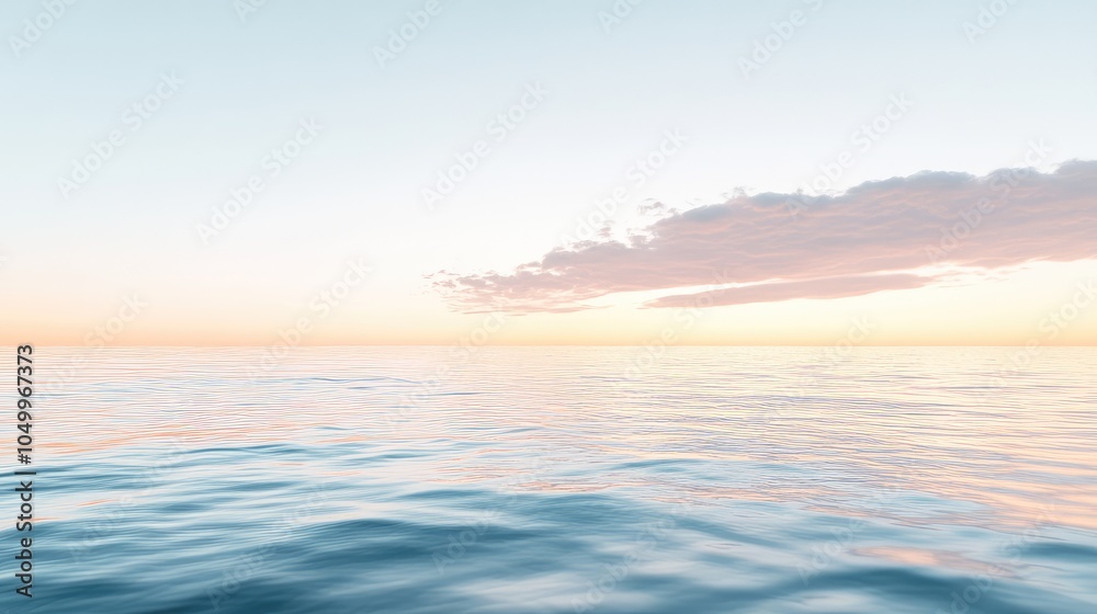 Obraz premium A calm ocean scene at dawn, with the sky and water merging in subtle hues of soft peach, pale blue, and creamy white