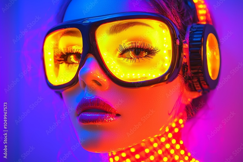 A woman with luminous glasses and headphones, glowing neon aesthetics, showcasing modern and vibrant style. A woman with luminous glasses and headphones, glowing neon aesthetics, showcasing modern and vibrant style.