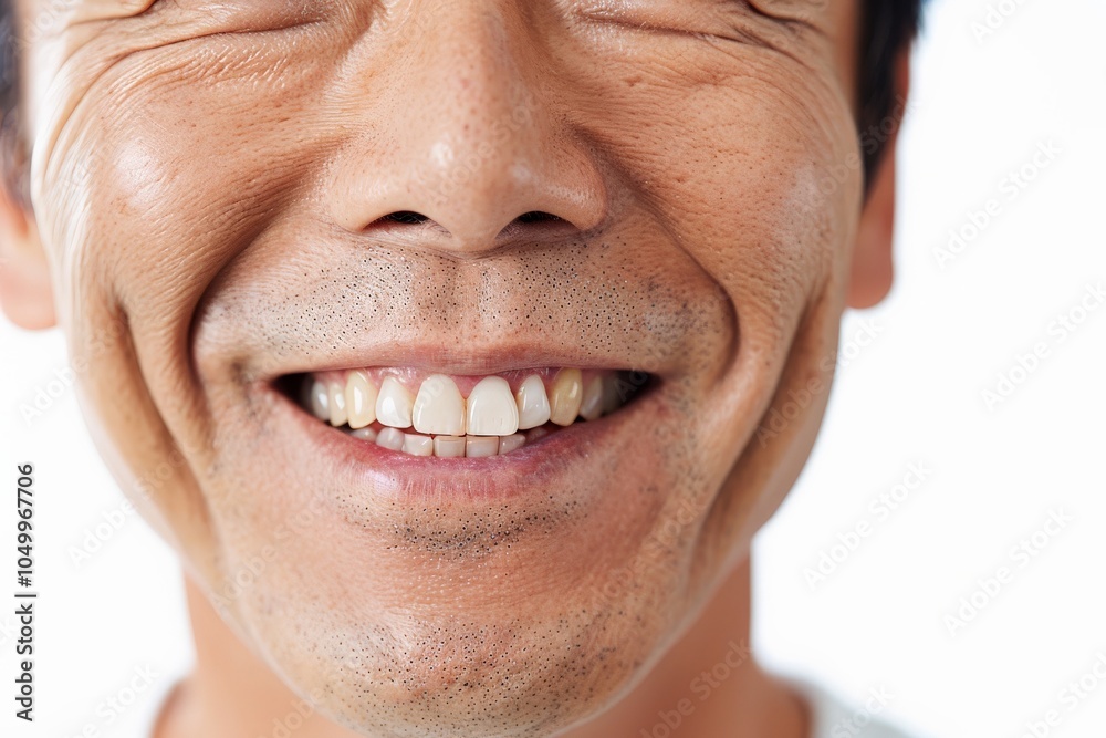 Obraz premium A close-up of a smiling person showcasing genuine happiness through their imperfect teeth, conveying warmth and shared joy, captured in realistic detail.