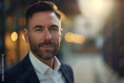 A smiling man with a beard confidently stands outside bathed in warm city lights, exuding self-assurance and charm, with a blurred urban background. photo