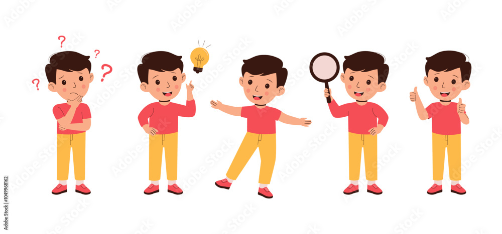 Flat vector of cute little boy thinking an idea. Pensive thinking with question mark, Boy holding magnifying glasses, holding thumbs up in ok sign vector. Trendy flat vector illustration Flat vector of cute little boy thinking an idea. Pensive thinking with question mark, Boy holding magnifying glasses, holding thumbs up in ok sign vector. Trendy flat vector illustration