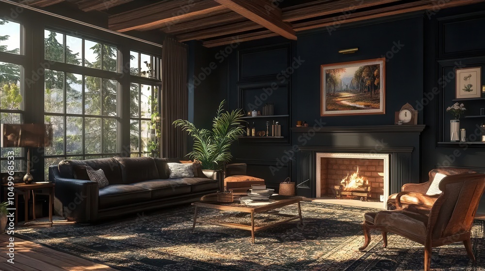 Fototapeta premium Dark blue walls with wooden floors, a modern fireplace as a centrepiece, black sofas and greenery to add a natural touch.