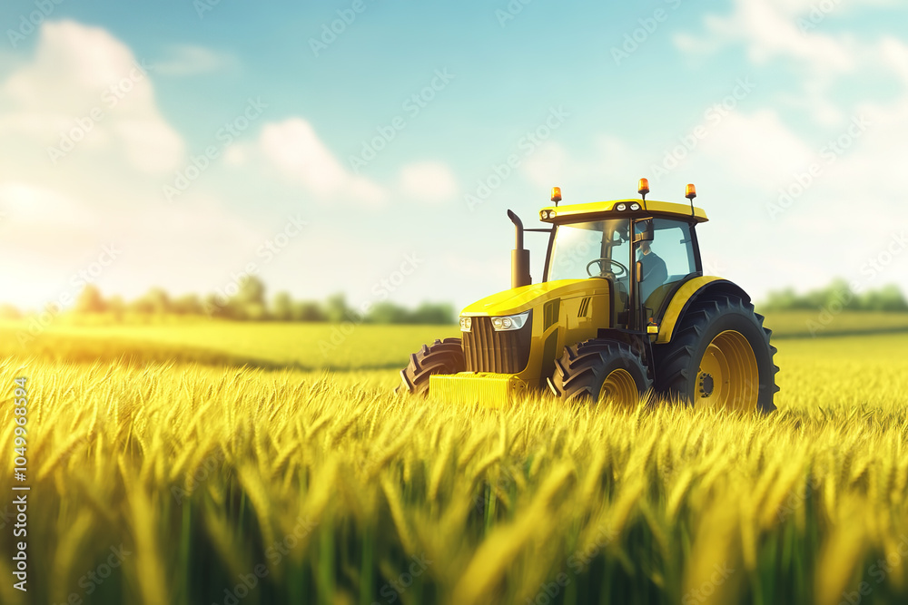 Fototapeta premium Illustration of a tractor in a golden wheat field in autumn