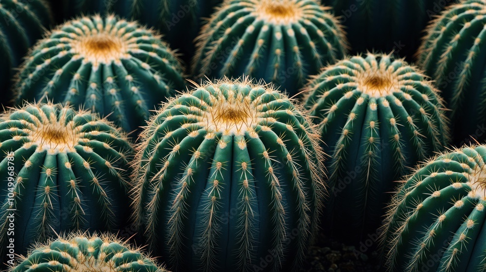 Fototapeta premium A close-up view of spherical cacti with spines, showcasing their unique textures and colors.