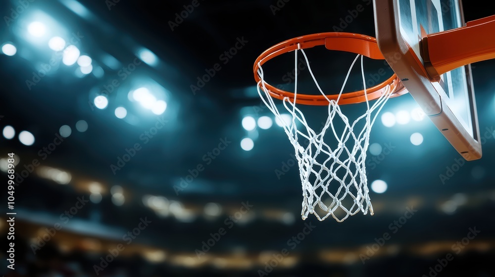 A basketball hoop with a net is lit up in a stadium A basketball hoop with a net is lit up in a stadium