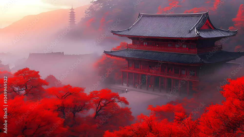 Obraz premium Serene Japanese Temple Among Vibrant Red Maple Trees