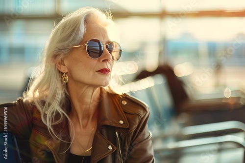 Stylish senior woman with silver hair, wearing sunglasses and a leather jacket, sitting in a contemporary indoor setting with natural light and reflections.