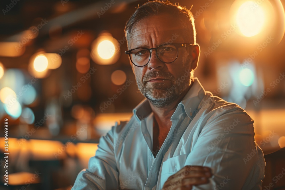 A confident middle-aged man with a beard, wearing glasses, stands in warm ambient lighting, giving an intense look, reflecting wisdom and experience. A confident middle-aged man with a beard, wearing glasses, stands in warm ambient lighting, giving an intense look, reflecting wisdom and experience.