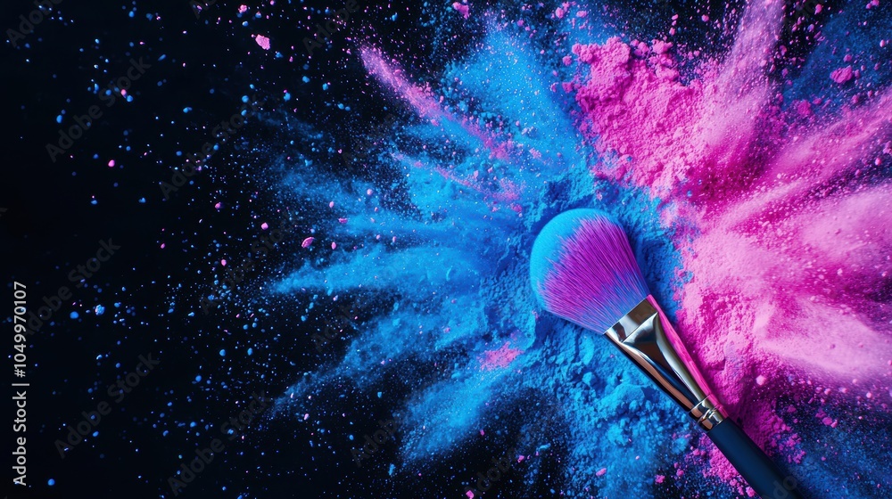 A makeup brush is surrounded by blue and pink powder A makeup brush is surrounded by blue and pink powder