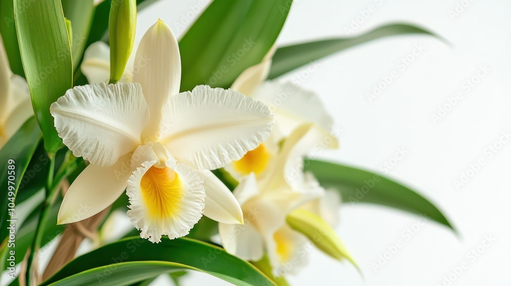 A close-up of a blooming vanilla orchid flower, with soft yellow accents and vibrant green leaves, isolated on a white backdrop A close-up of a blooming vanilla orchid flower, with soft yellow accents and vibrant green leaves, isolated on a white backdrop
