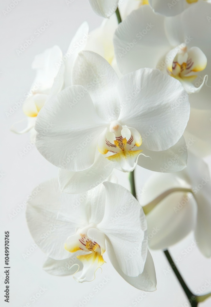 A close-up of a delicate white orchid flower, beautifully arranged against a pristine white background, highlighting its soft petals and intricate details A close-up of a delicate white orchid flower, beautifully arranged against a pristine white background, highlighting its soft petals and intricate details