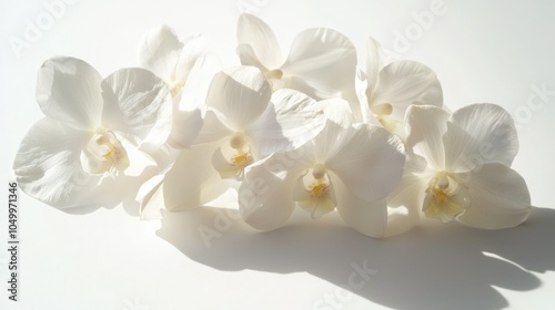 A cluster of white orchid flowers with soft shadows on a pure white background, emphasizing their symmetrical structure and vibrant details