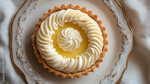 Design a creative aerial view of a creamy lemon tart with delicate swirls of meringue, presented on a dainty porcelain plate, embodying a perfect balance of tangy and sweet flavors photo