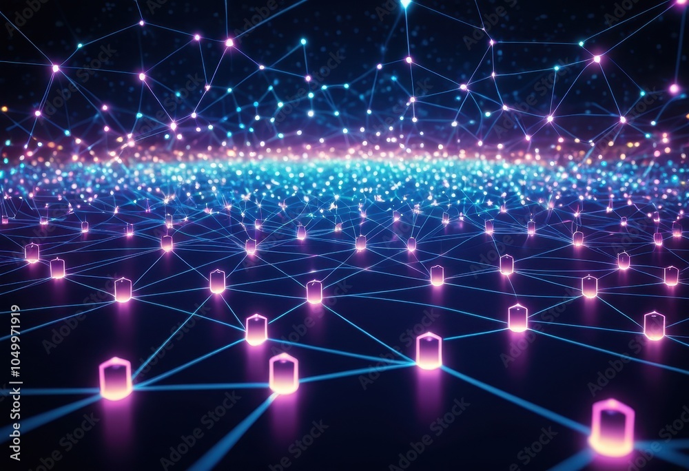 Obraz premium Distributed ledger concept with glowing nodes and blocks, symbolizing secure data exchange in blockchain networks