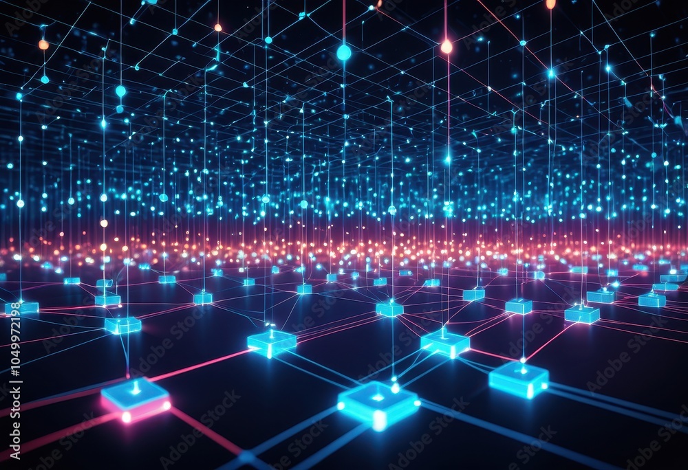 Fototapeta premium Distributed ledger concept with glowing nodes and blocks, symbolizing secure data exchange in blockchain networks