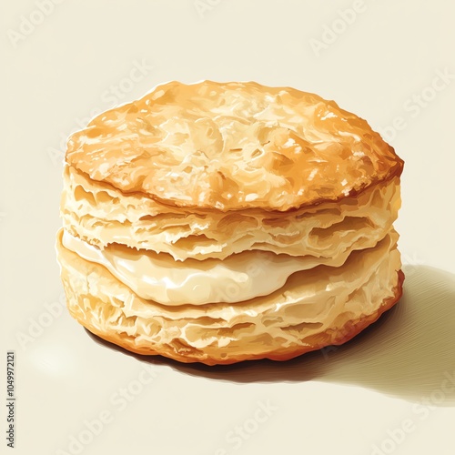 Illustrate a biscuit from a low-angle perspective, showcasing its crispy texture and buttery layers with a touch of warmth photo