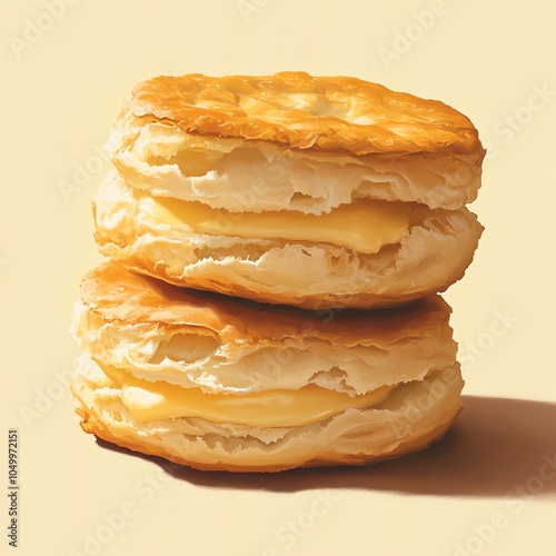 Illustrate a biscuit from a low-angle perspective, showcasing its crispy texture and buttery layers with a touch of warmth photo