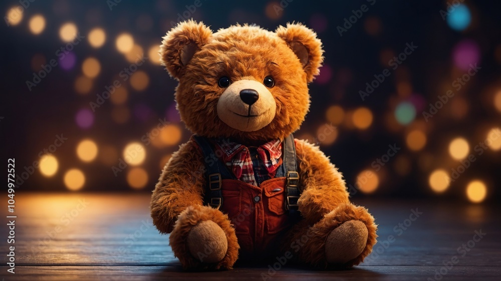 A cuddly teddy bear smiles sweetly, bathed in soft, low light. A cuddly teddy bear smiles sweetly, bathed in soft, low light.