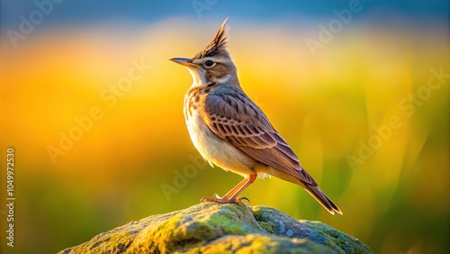 A crested lark perches proudly on a sun-baked rock, overlooking the vast field. photo