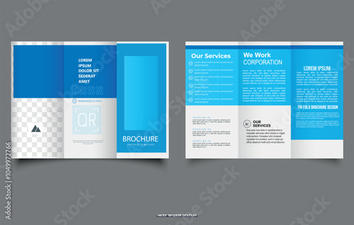 Blue geometric trifold brochure. For design and print. Vector illustration