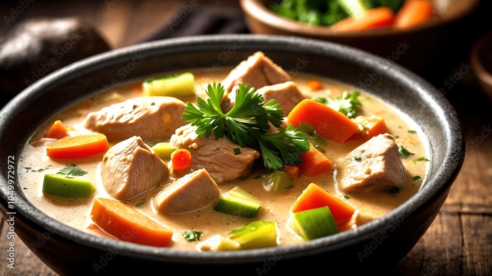 A drone's eye view of a creamy Japanese chicken and vegetable stew, a culinary masterpiece. A drone's eye view of a creamy Japanese chicken and vegetable stew, a culinary masterpiece.