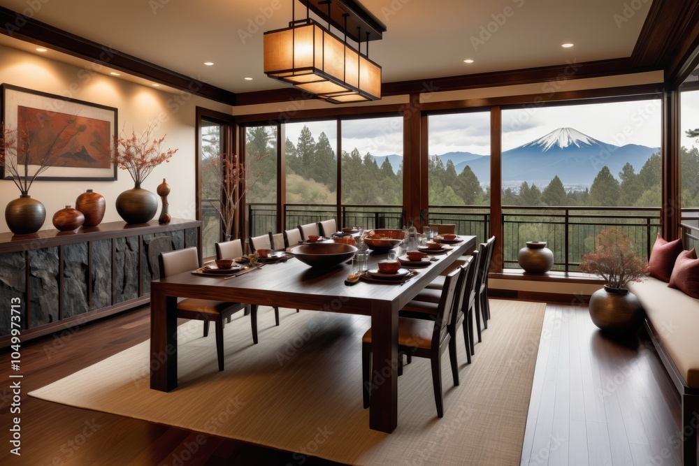 Wooden dining table with chairs in a cozy indoor dining room over large glass windows in the night with hanging lamps Wooden dining table with chairs in a cozy indoor dining room over large glass windows in the night with hanging lamps