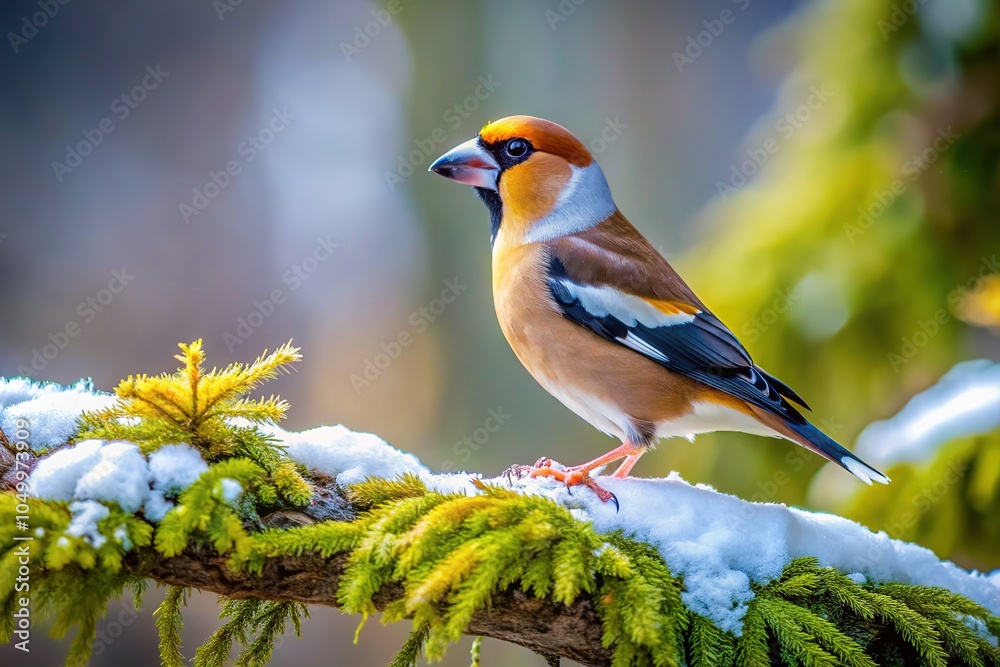 A male hawfinch perches on a snowy branch, a winter wonderland. A male hawfinch perches on a snowy branch, a winter wonderland.