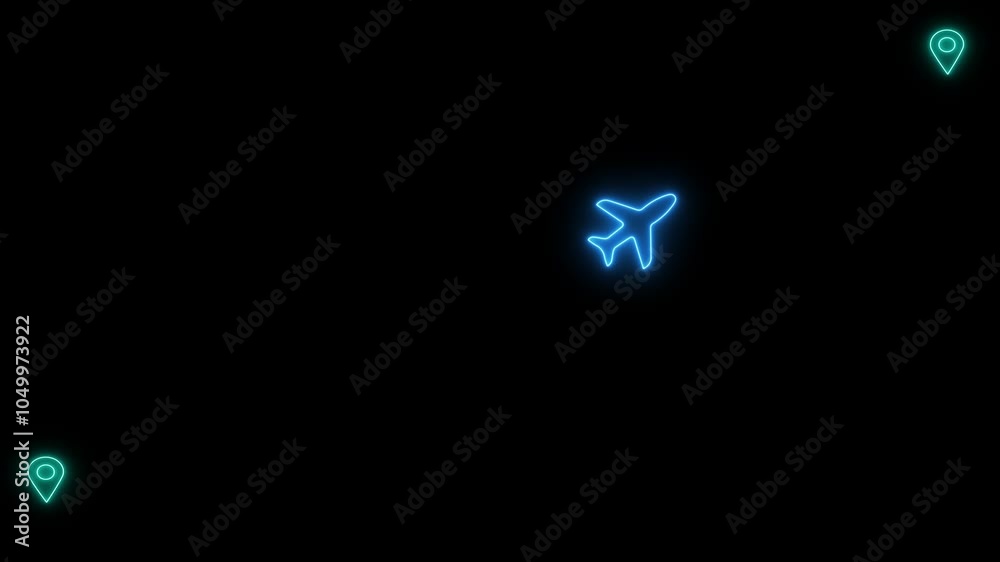 Neon airplane line path icon. Plane icon on world map animation on black background. Neon airplane line path icon. Plane icon on world map animation on black background.