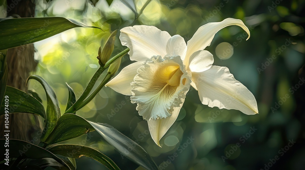 Fototapeta premium A vanilla orchid flower growing naturally on its vine, with soft lighting to highlight the intricate details of the flower