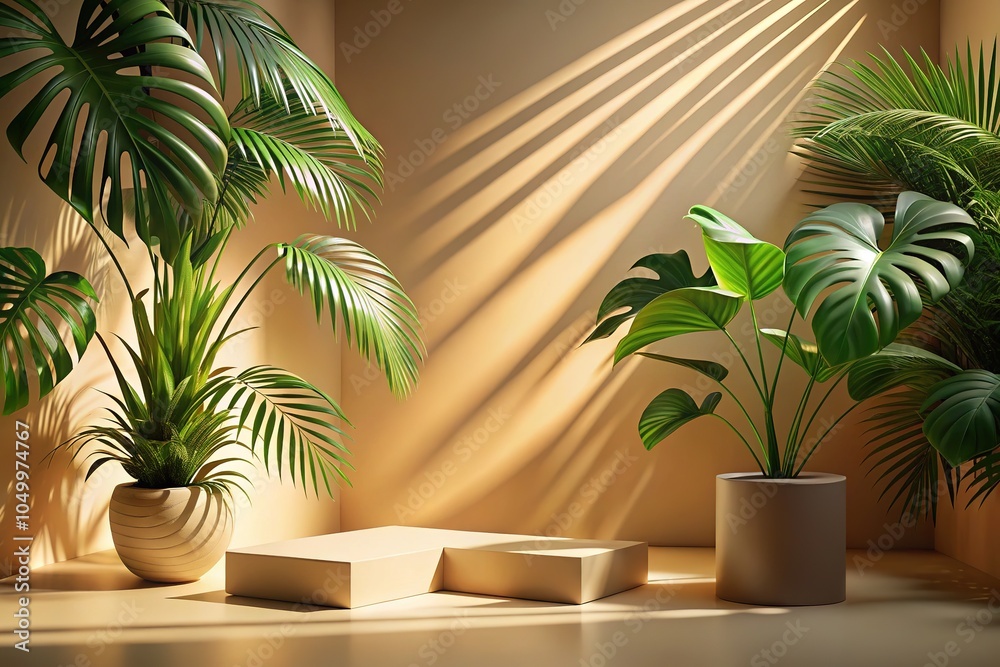 Fototapeta premium A serene beige backdrop featuring lush tropical leaves and soft shadows, ideal for showcasing your product. Includes ample copy space for essential branding and messaging.