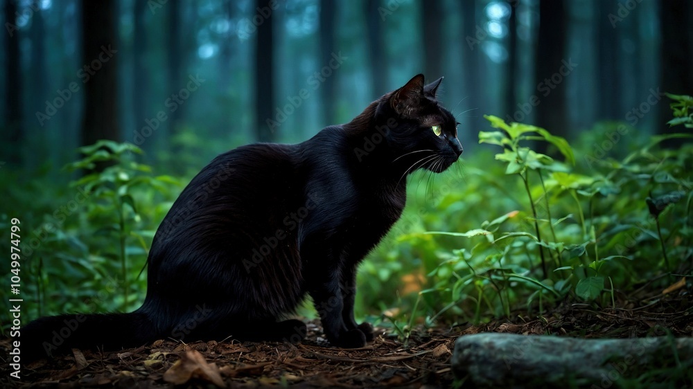 Fototapeta premium A shadowy black cat sits, eyes gleaming, a mystical Halloween presence.