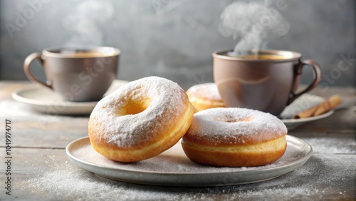 Sweet and Savory Indulgence A Delightful Pairing of Powdered Donuts and Steaming Coffee, a Perfect Morning Treat