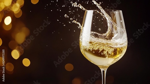 Slow-motion capture of white wine splashing into a glass, high contrast, dark background photo