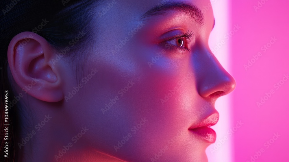 High fashion model metal silver lips and face woman in colorful bright neon UV blue and purple lights, High fashion model metal silver lips and face woman in colorful bright neon UV blue and purple lights,