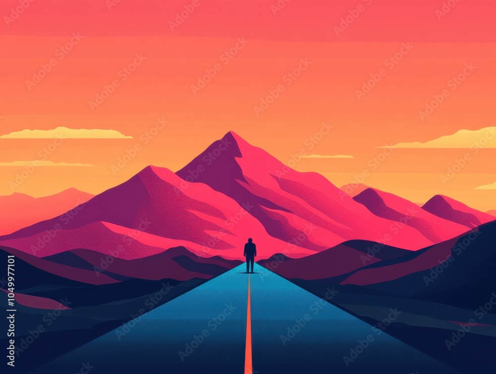 Fototapeta premium Person Standing at Road Under Colorful Sunset Sky