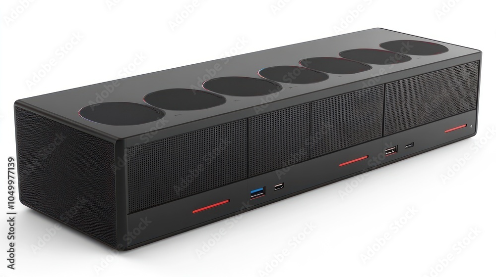 Fototapeta premium A sleek, modern desktop speaker system with multiple connectivity options.
