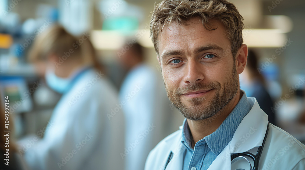 Fototapeta premium Male general practitioner standing confidently at a clinic meeting with colleagues during a busy day at work