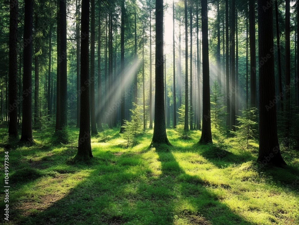 Obraz premium Morning Light Streaming Through Forest Trees