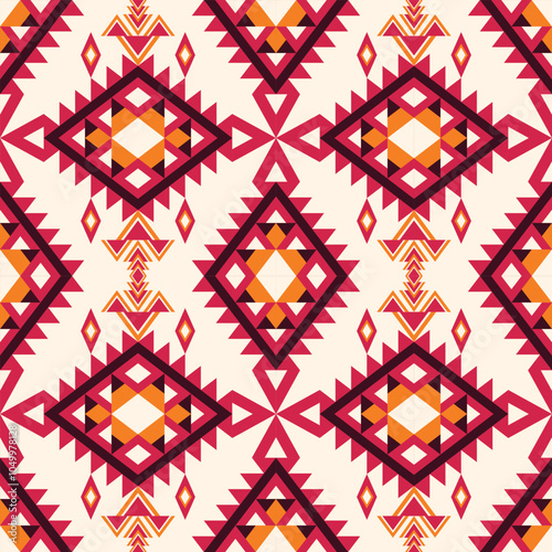 This bold digital artwork features a traditional tribal pattern with vibrant hues of red, orange, and white. The design showcases intricate geometric shapes in a symmetrical layout.