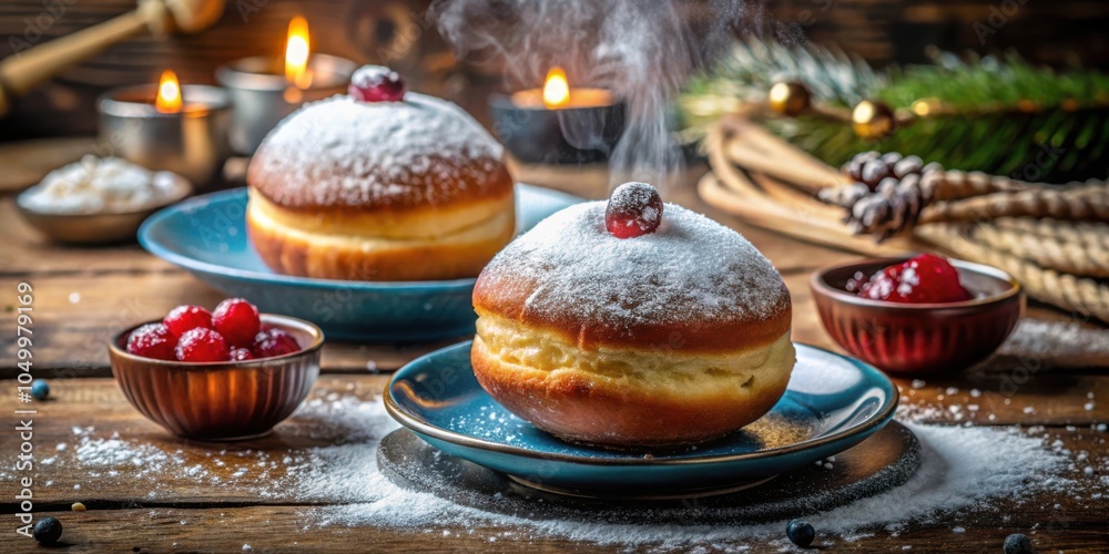 Warm, Sweet Doughnuts with Powdered Sugar and a Single Cranberry on Top, Steaming on a Rustic Wooden Table Warm, Sweet Doughnuts with Powdered Sugar and a Single Cranberry on Top, Steaming on a Rustic Wooden Table