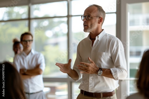 A business professional gives a presentation to colleagues in a bright, modern office setting, emphasizing communication and leadership within a corporate environment. photo