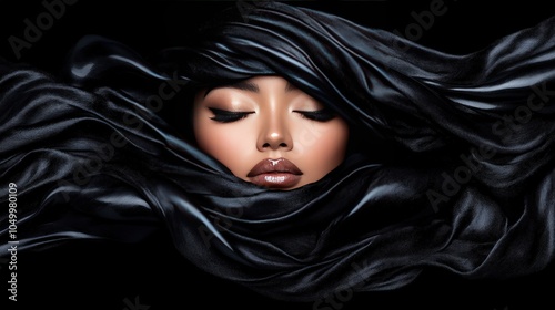 Elegant Woman Wrapped in Black Silk Fabric Fashion Beauty Mystery Portrait