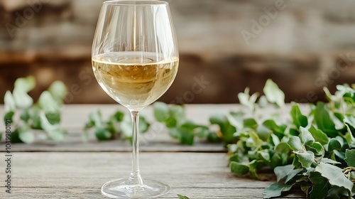 White wine poured into a glass, outdoor patio setting, rustic wooden table, greenery around photo