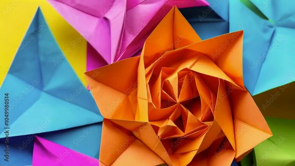 A vibrant arrangement of origami flowers in orange, pink, and blue tones. A vibrant arrangement of origami flowers in orange, pink, and blue tones.