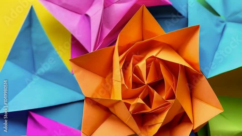 A vibrant arrangement of origami flowers in orange, pink, and blue tones.