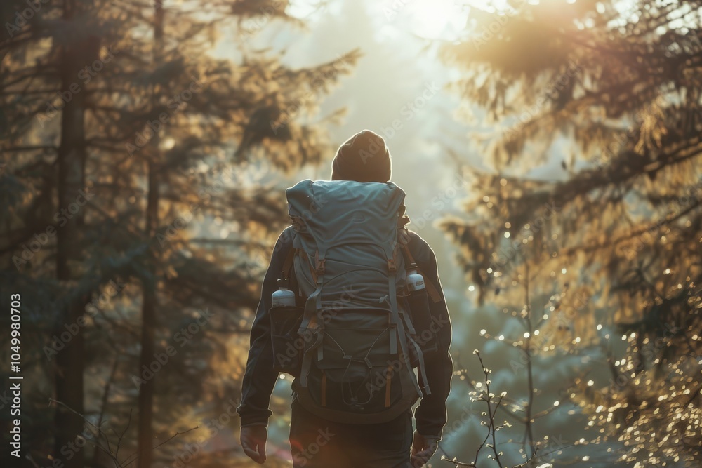 A person with a large backpack explores a forest bathed in sunrise light, embodying the spirit of adventure, discovery, and a connection to nature’s tranquility. A person with a large backpack explores a forest bathed in sunrise light, embodying the spirit of adventure, discovery, and a connection to nature’s tranquility.