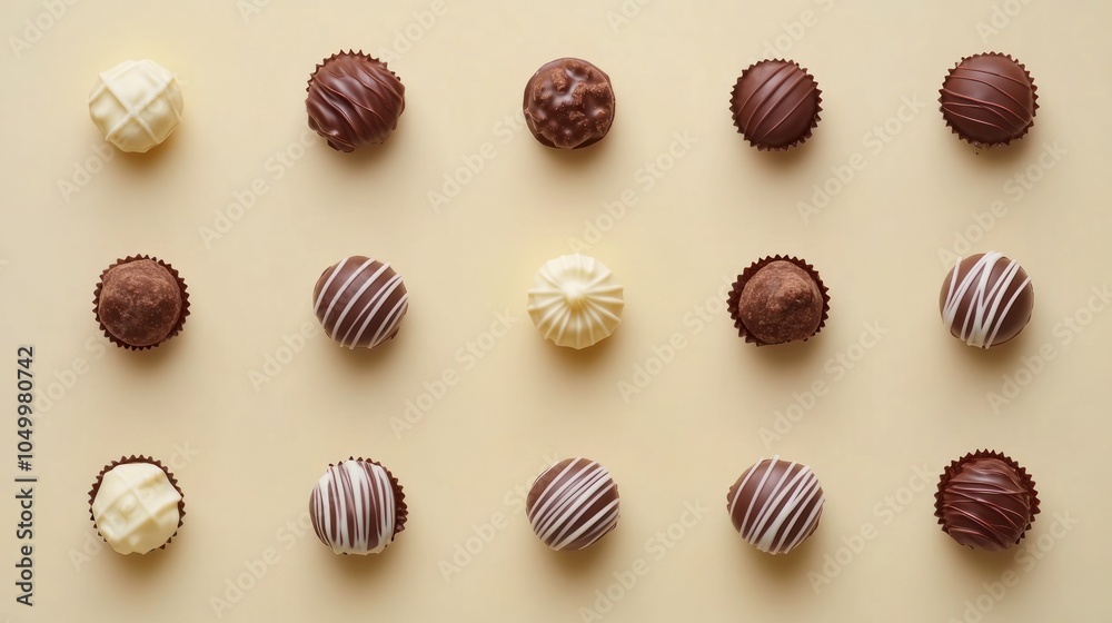 A variety of chocolate truffles arranged neatly on a light background. A variety of chocolate truffles arranged neatly on a light background.
